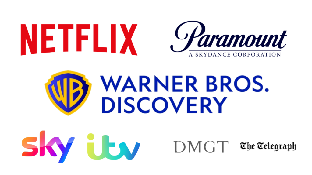 Logos of Netflix WBD Paramount Sky ITV DMGT and The Telegraph